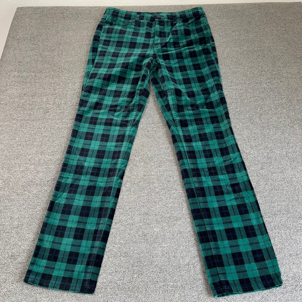 Talbots Velveteen Straight Leg Pants Green Navy Plaid High Waist 8 NWT Holiday